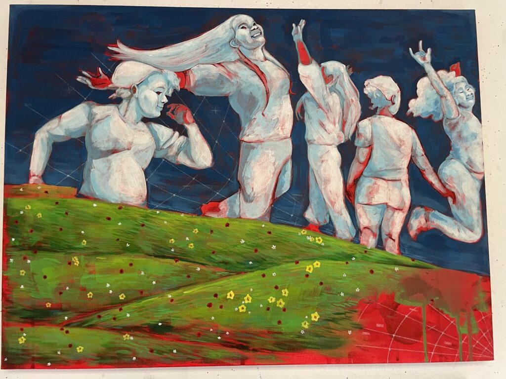 Acrylic painting by Ileana Kuran. Five blue and white figures dancing over hills of green and flowers. Large swatches of red peak through with subtle white lines.