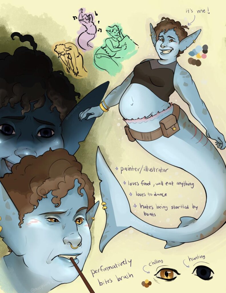 This is the artist as a Tiger Shark Mermaid. Complete with blue skin, stripes, piercings, and a pouch to hold art supplies in. 