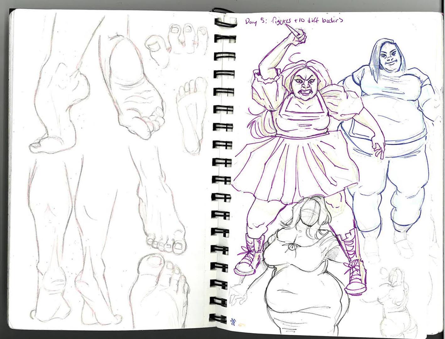 Gallery of Ileana Kuran's 2025 - 2026 Sketchbook. Most of the images are figure drawings made with pen and pencil. There are also a few fantastical characters and self portraits littered throughout.