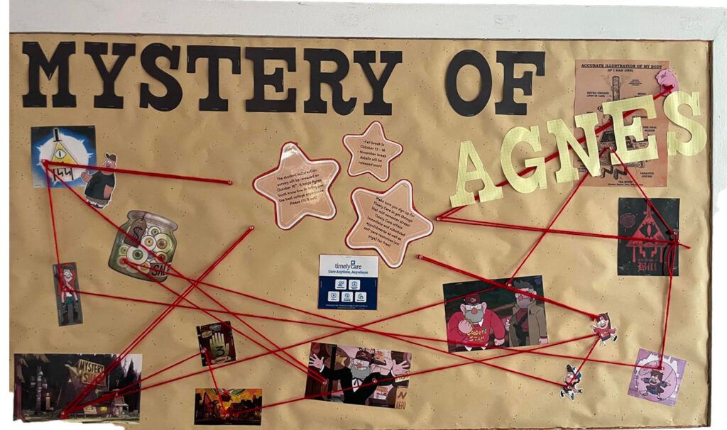 A cork board theme that presents information to residents in a fun way